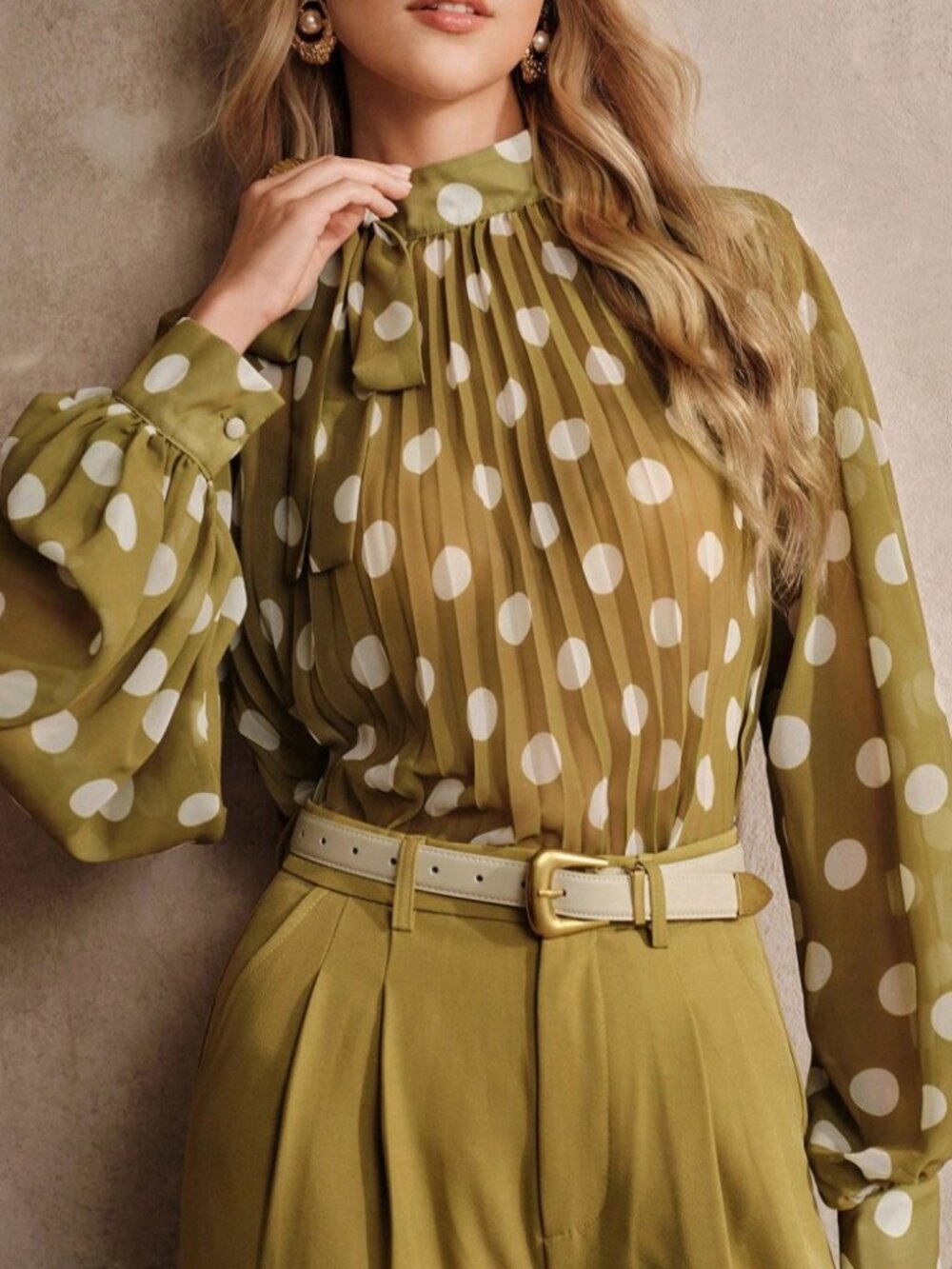 Green Polka Dot Chiffon Tie-Neck Pleated Bishop Sleeve Top - Picture 2 of 8